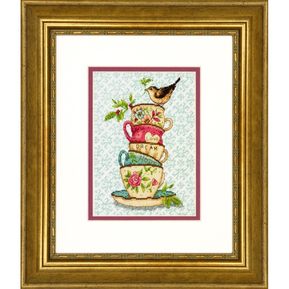 70-65171 Gold Collection Counted Cross Stitch Stacked Tea Cups Kit for Advanced Crafters