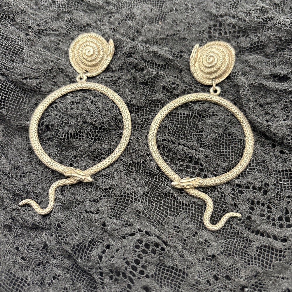 Vintage Snake Hoop Pierced Earrings Gold Tone Serpent Dangle Jonette JJ Style