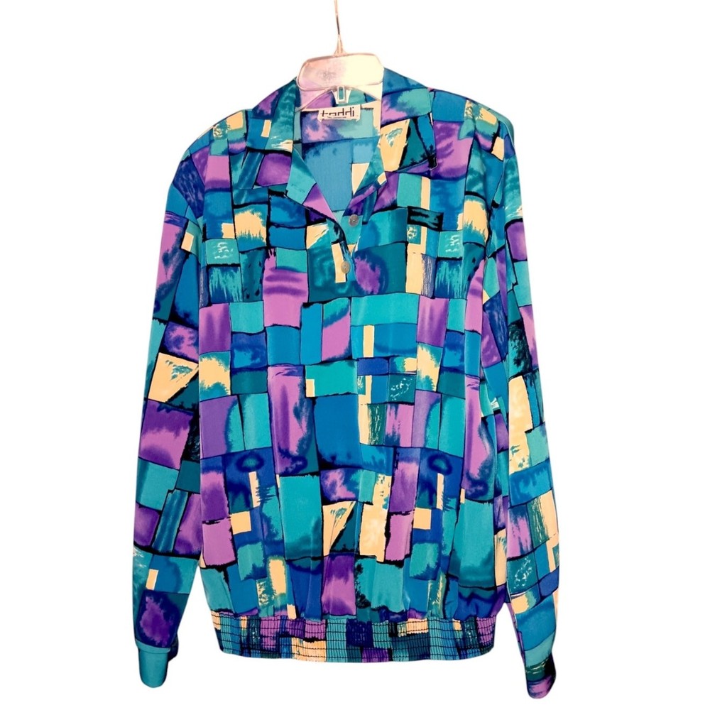 VINTAGE TEDDI 80s 90s Satin Blouse Top Shirt No Wrinkle XL Colorful Geometric
