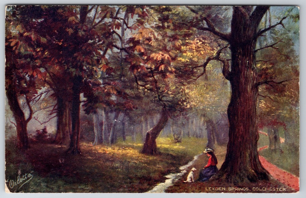 England Lexden Springs Colchester Girl and Dog in Forest Tuck’s Oilette Postcard
