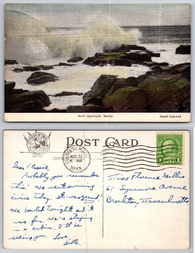 1933 Vintage Hand Colored Postcard Surf Ogunquit Maine Ocean Waves Beach