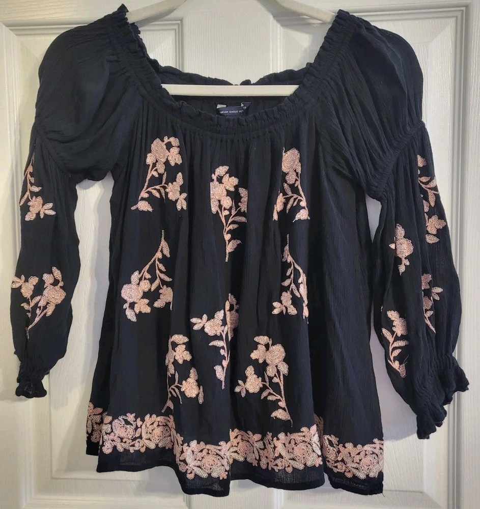 American Eagle Black Embroidered Pink Floral Off The Shoulder Boho Top Small