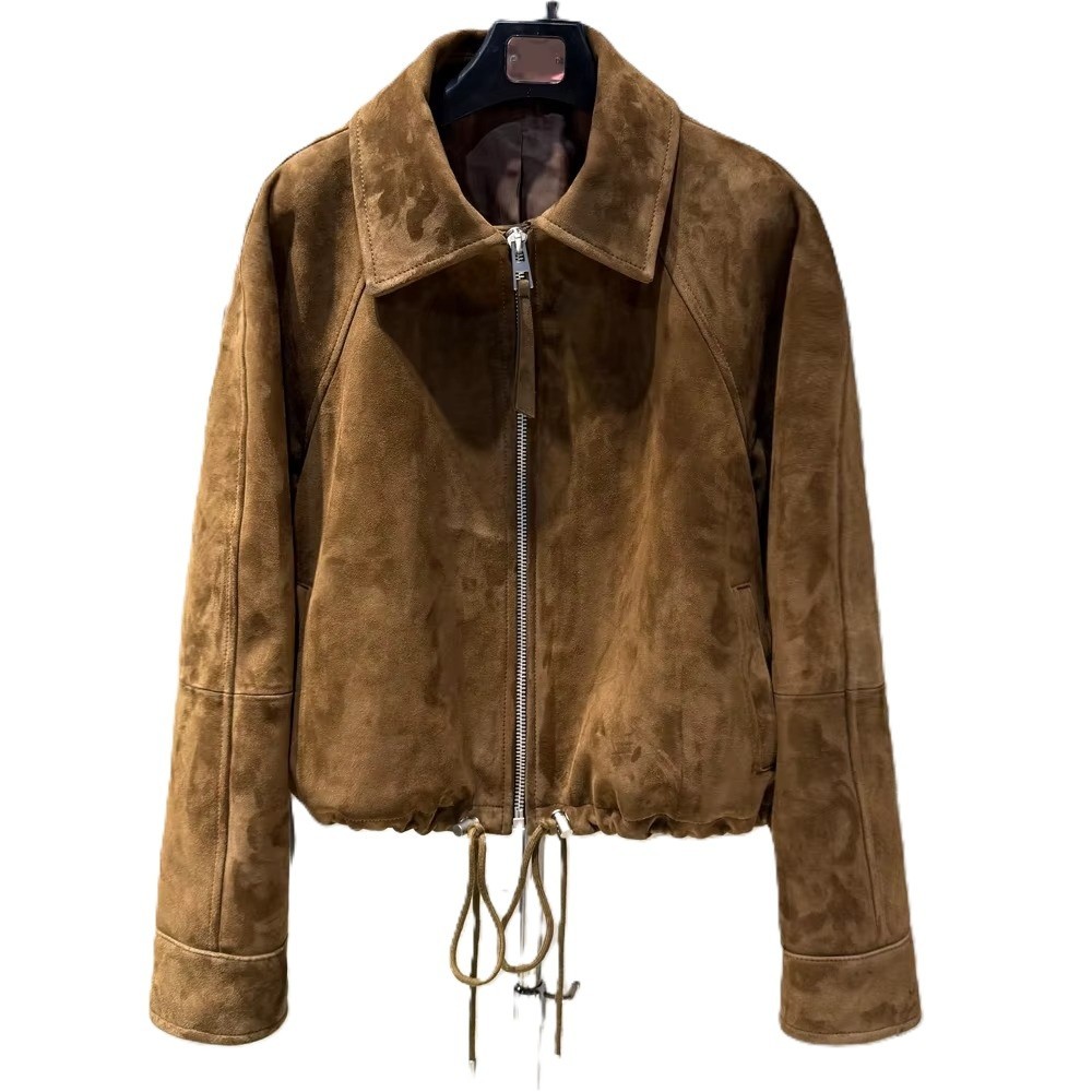 Women's Brown Suede Leather Jacket with Zip Front and Drawstring for Casual Wear