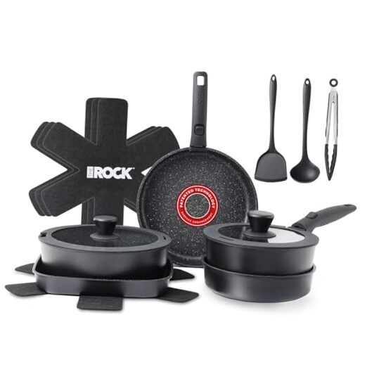 THE ROCK SMART SPACE 16pc Nonstick Pots and 16 pcs Granite Set Granite Black