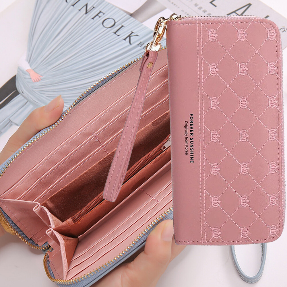 Womens Large Capacity Wallet Phone Bag Card Holder Zipper Purse w/Wristlet Strap