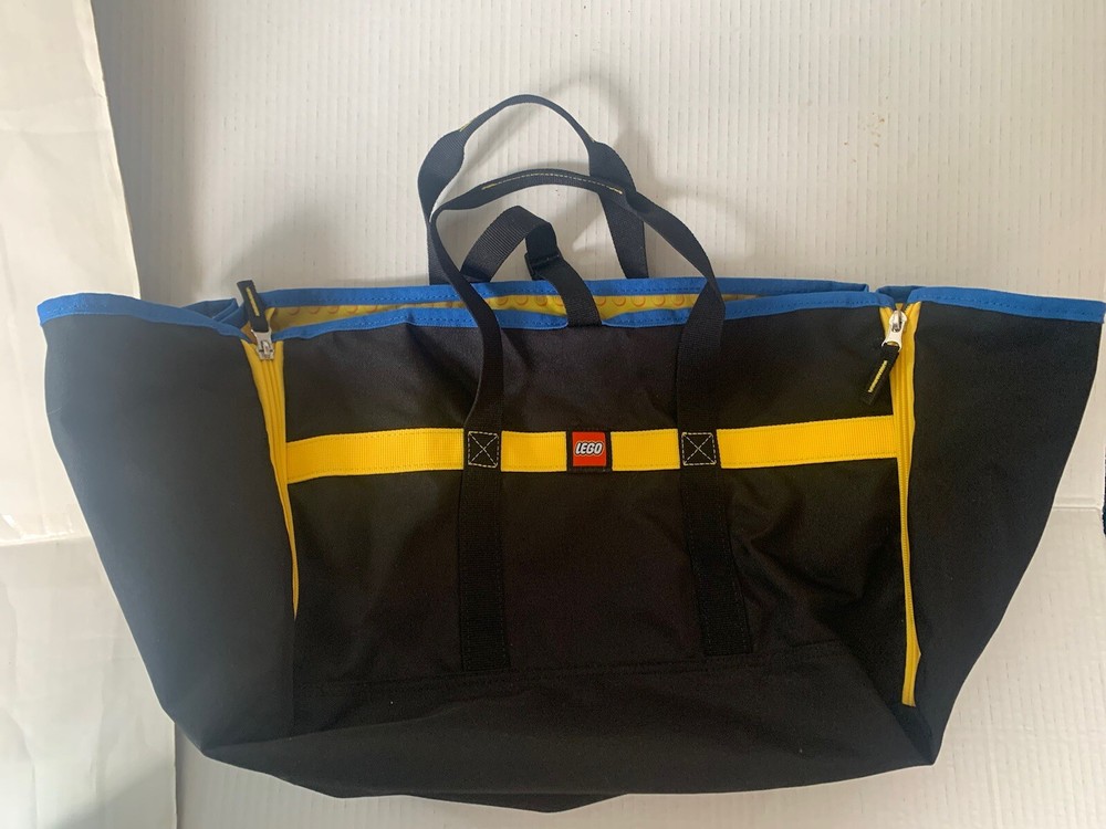 Lego Canvas Tote Bag Expandable Large Black Yellow & Blue Buckle Closure Unique