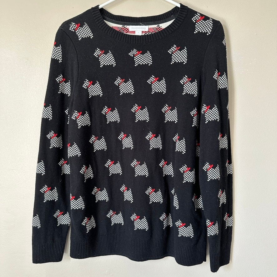 Charter Club Sweater Womens LARGE Scottie Scottish Terrier Dog Pullover Preppy