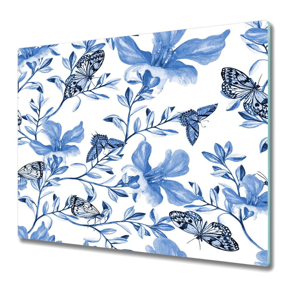 Glass Chopping Board Utensil Board Worktop Saver Blue Floral Flower 60x52