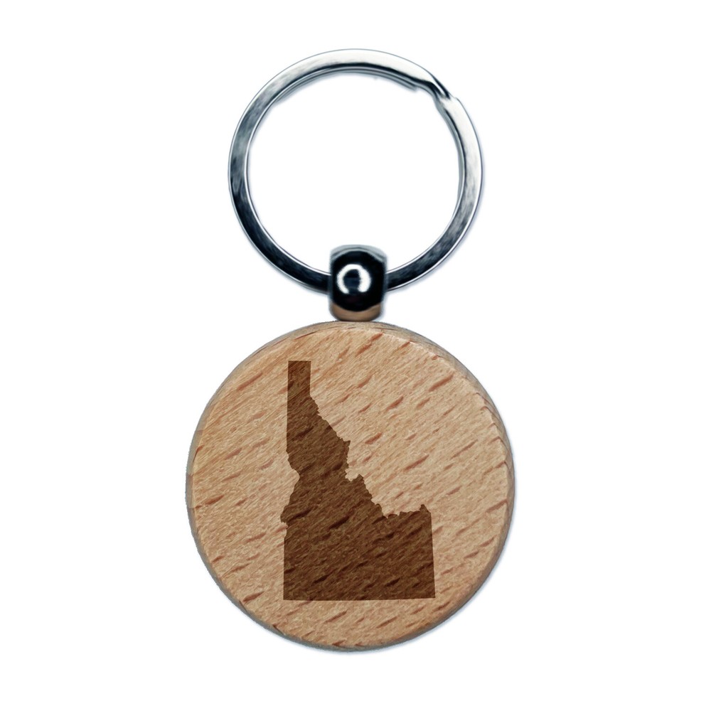 Idaho State Silhouette Engraved Wood Round Keychain Tag Charm
