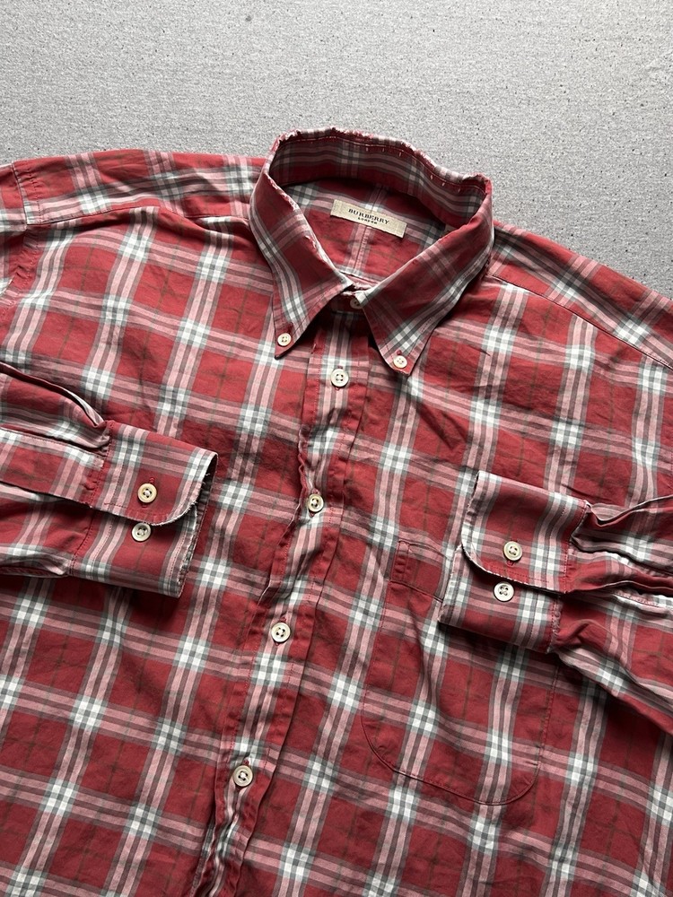 Burberry London Shirt Mens L Red Plaid Long Sleeve Button Down USA Casual Preppy
