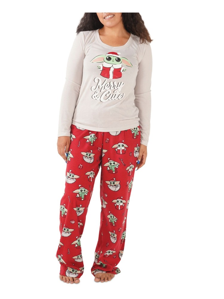 MUNKI MUNKI Womens Red Top Elastic Band Long Sleeve Straight leg Pants Pajamas L