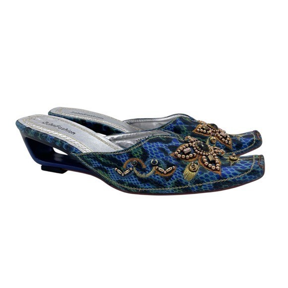 JohnFashion Women's Embellished Beaded Wedge Heel Mules Size 7 Bohemian Colorful