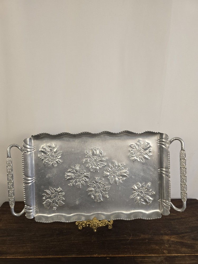 VTG Hammered Aluminum Floral Serving Tray With Handles Events Weddings Parties