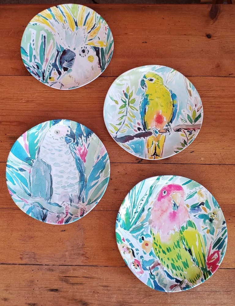 Pier 1 Melamine Colorful  Birds Parrots Cockatoo Tropical Plates 8.75” Set Of 4