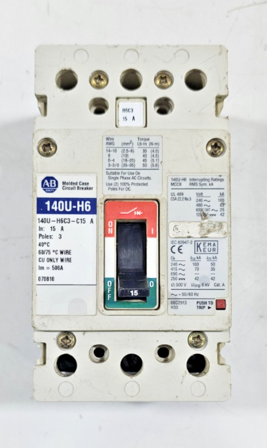 ALLEN BRADLEY MOLDED CASE CIRCUIT BREAKER 140U-H6 C15A 15A 3POLE 65kA 690V USED