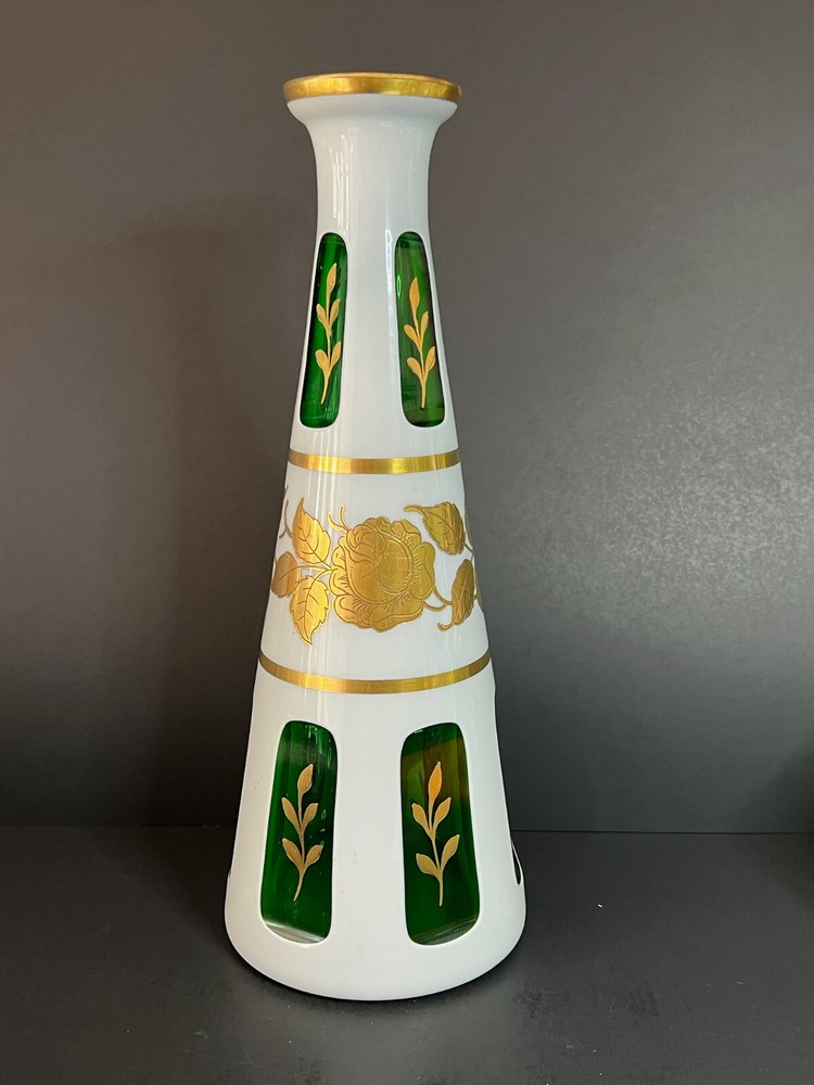 Antique Moser Vase Czech Bohemian Cut Glass White to Green  1