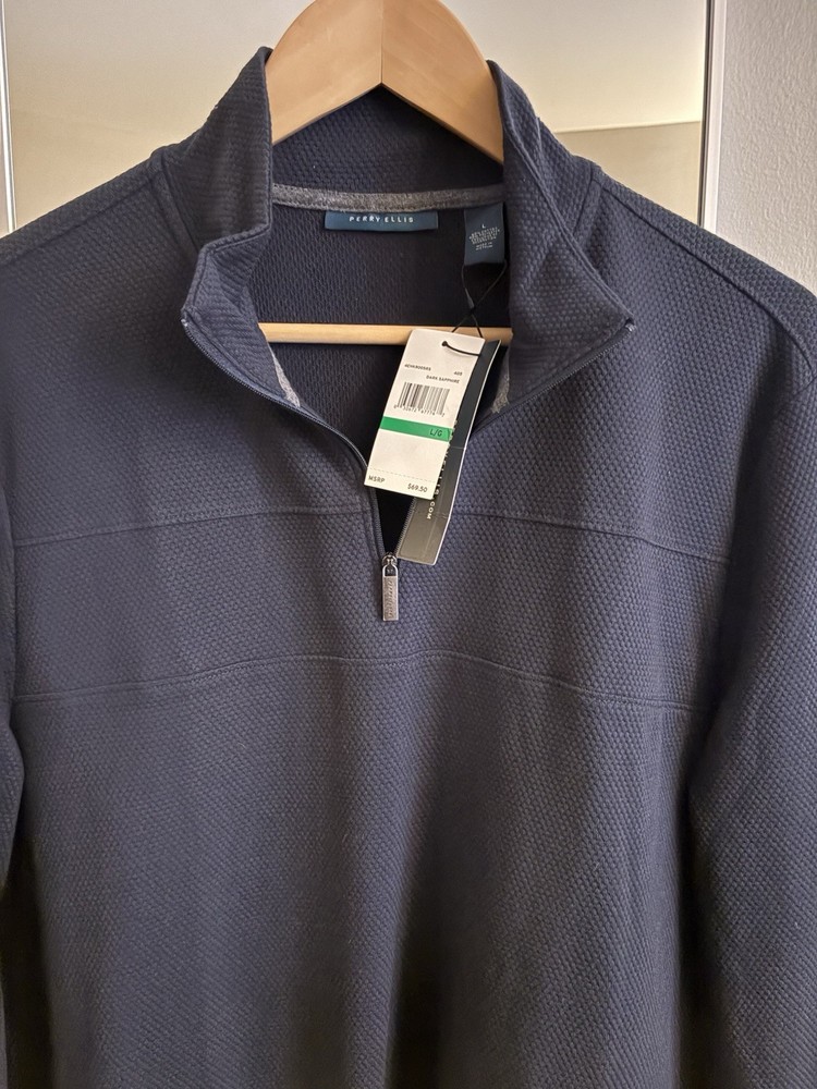 Perry Ellis Men's Dark Sapphire Waffle-Knit 1/4 Zip Mock Neck Sweater Size L