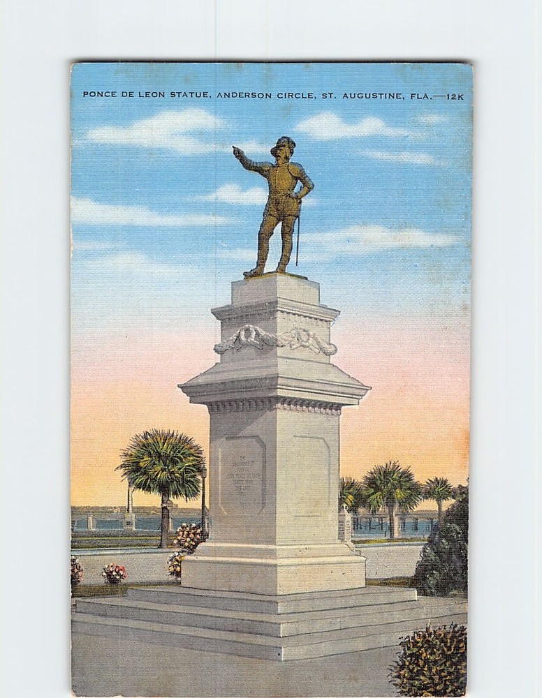 Postcard Statue of Ponce de Leon Anderson Circle St. Augustine Florida USA