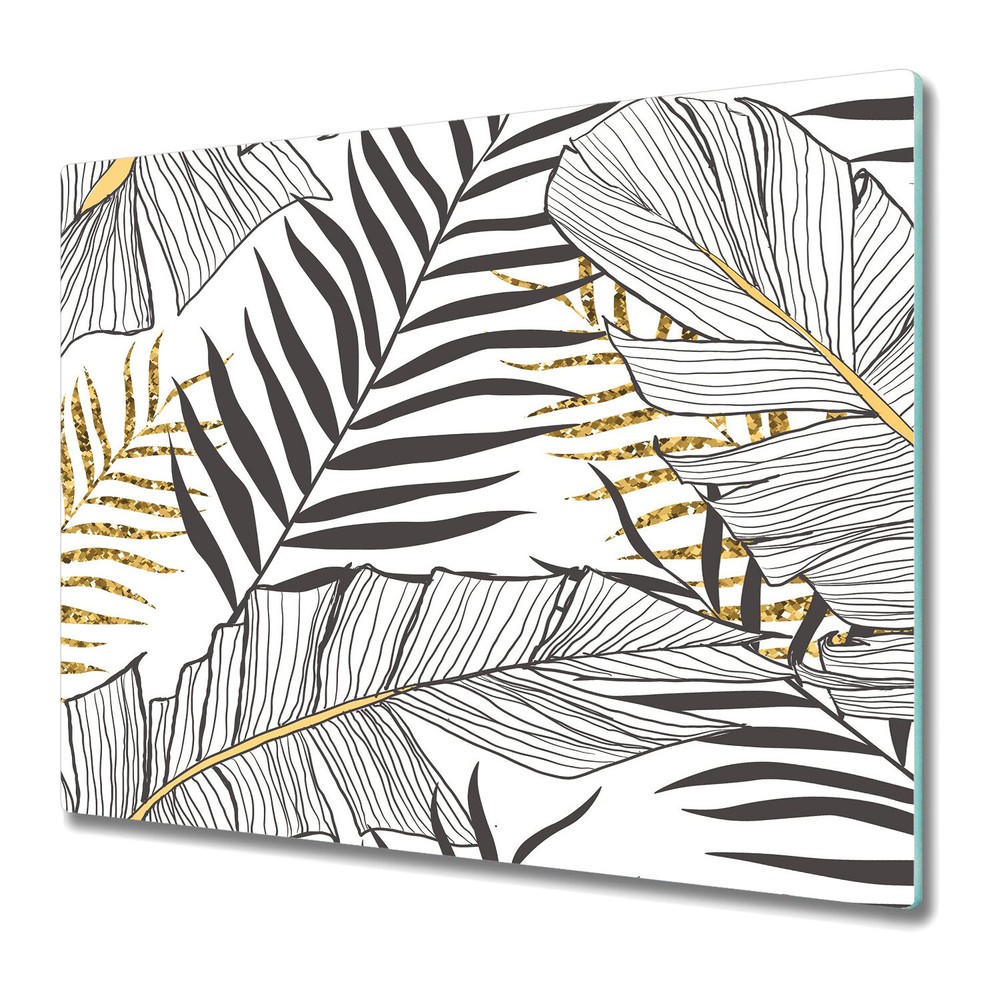 Glass Chopping Board Utensil Board Gold Leaves | Elegant Tropical 60x52