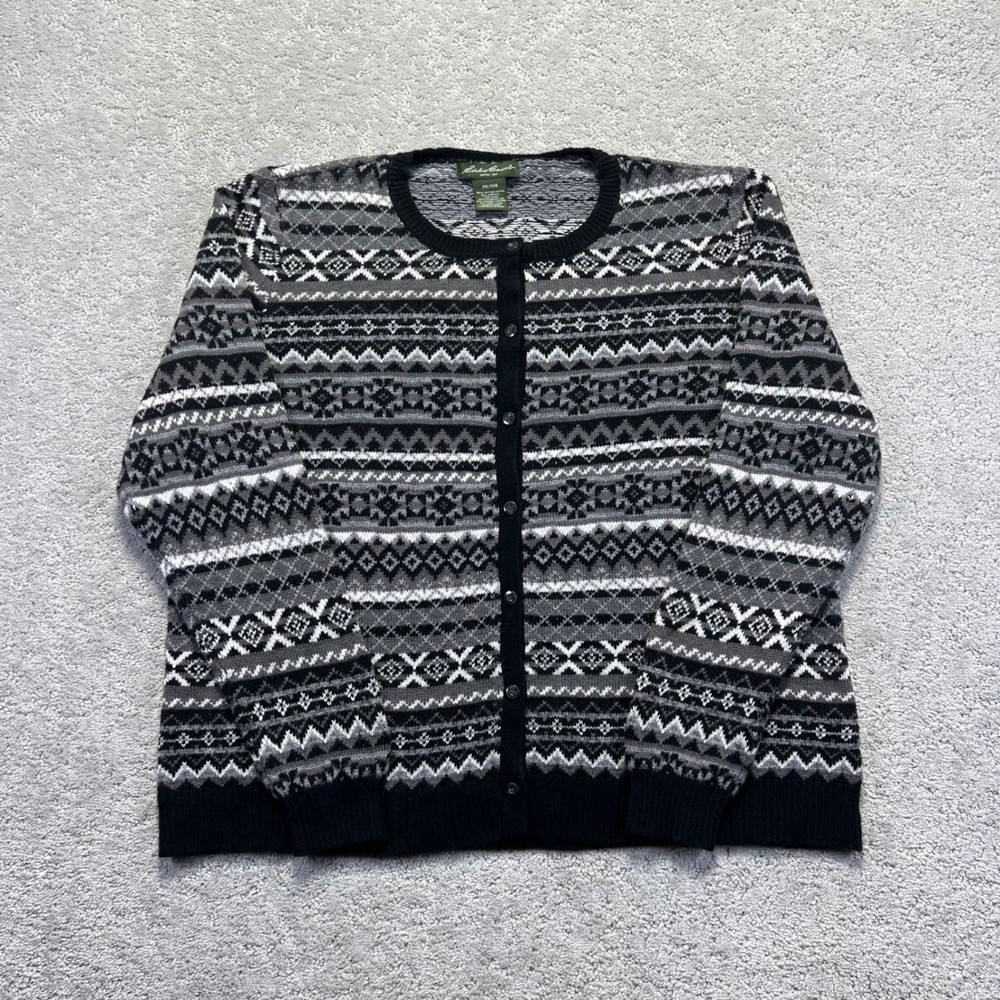 Eddie Bauer Cardigan Sweater Womens XXL Fair Isle Black Gray White Cotton Blend