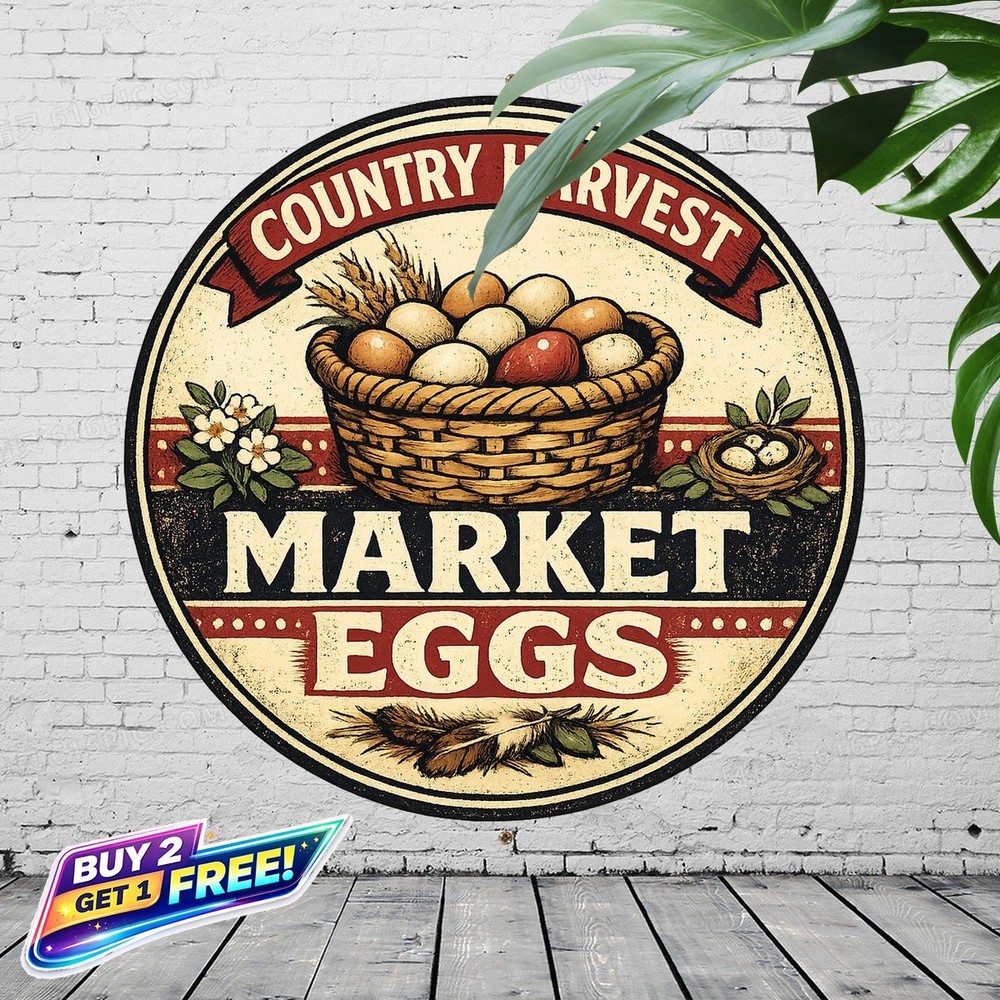 Fresh Farm Eggs Round Metal Tin Sign Decorative Kitchen Wall Plaque 8x8