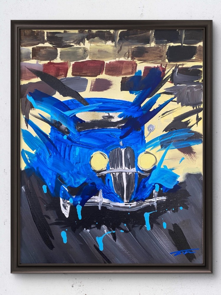 Blue Abstract Hot Rod Expressionist Original Art 14x11 Canvas