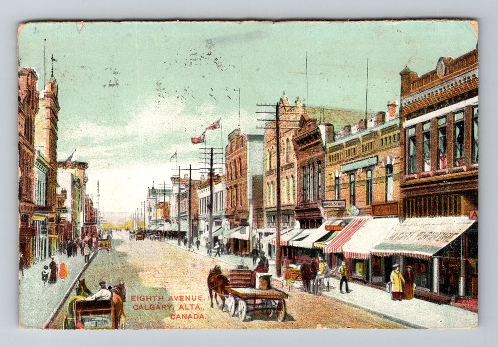 Canada- Calgary Alberta Eighth Ave Shops Horses & Wagons Vintage c1927 Postcard