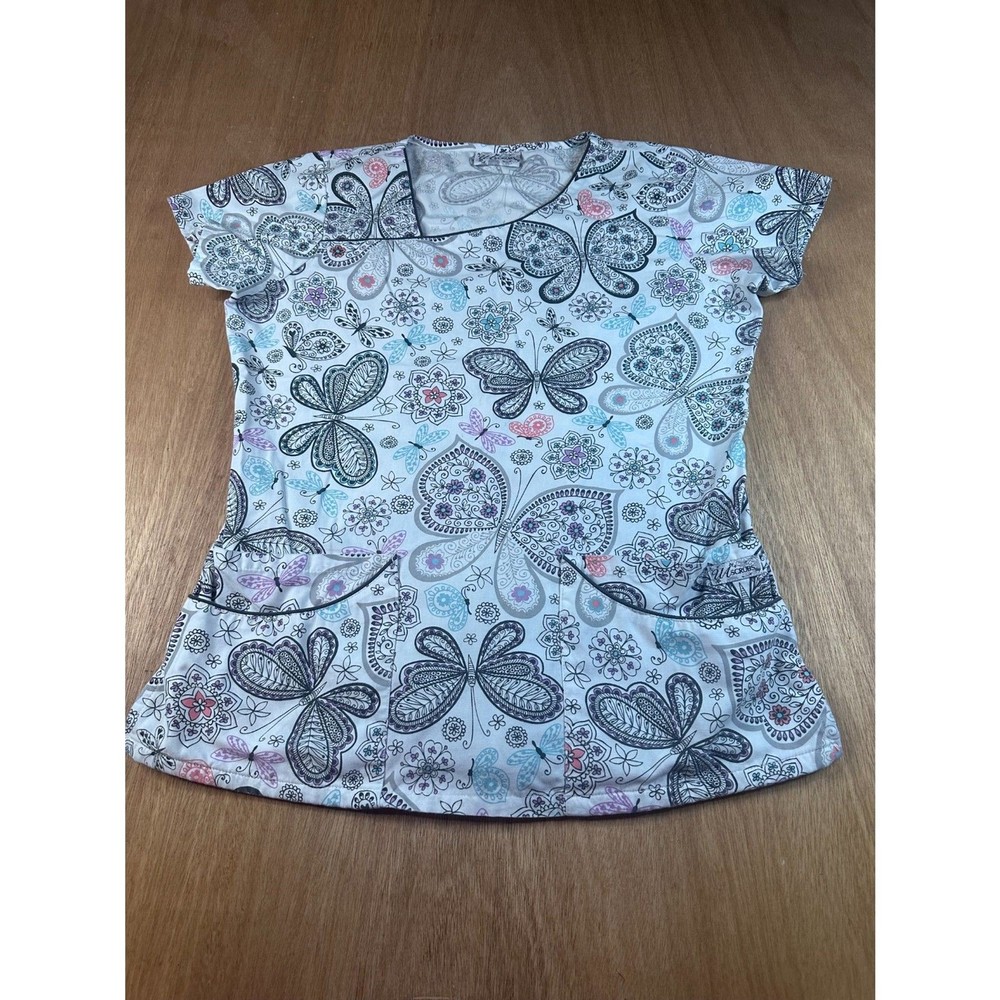 UA Scrubs Womens Medical Scrub Top Sm/Med Butterfly Paisley Print V-Neck Pockets