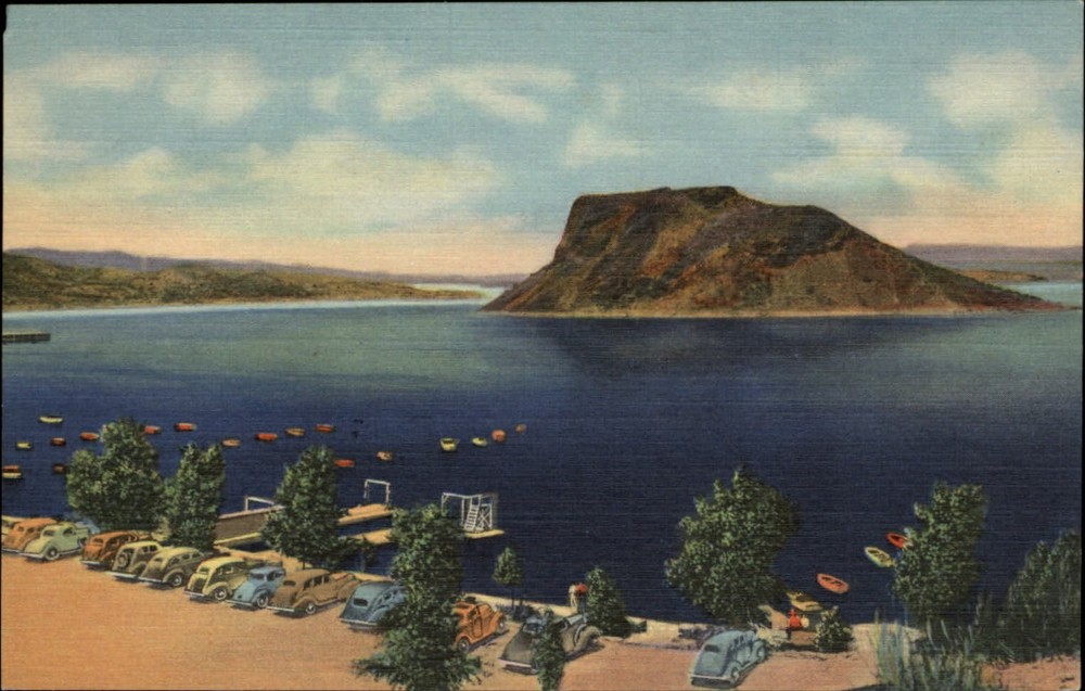 Elephant Butte Lake boat landing by Hot Springs New Mexico ~ 1940s postcard