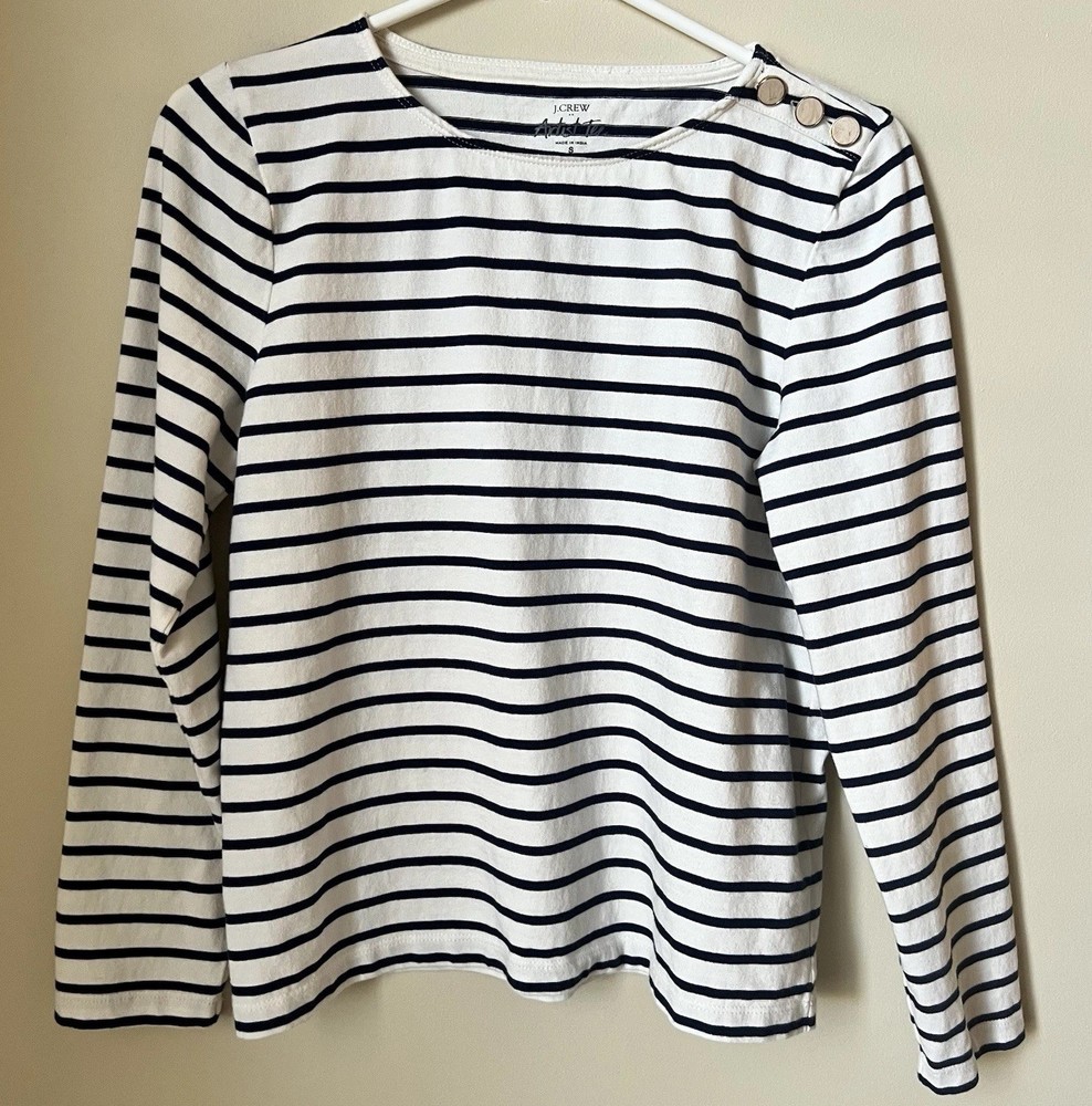 J Crew Womens Artist Tee Sz S White Navy Striped Long Sleeve Shoulder Buttons