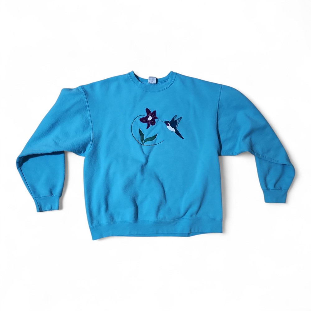 Vtg Jerzees NuBlend Pullover Hummingbird Sweatshirt Baby Blue Womens Size XL