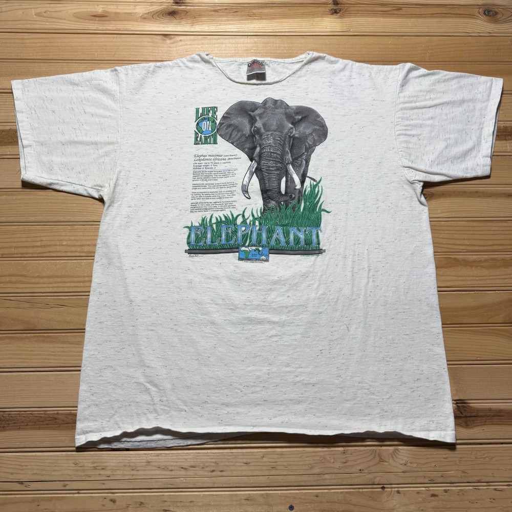 Vintage 1995 Life on Earth Elephant Nature Wildlife Graphic T-Shirt USA - XL
