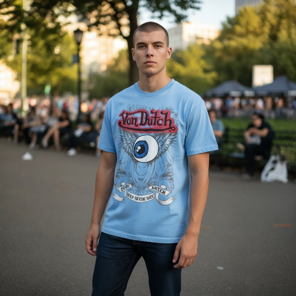 Von Dutch Graphic T-Shirt Mens Large Short Sleeve Eyeball Blue Embroidered