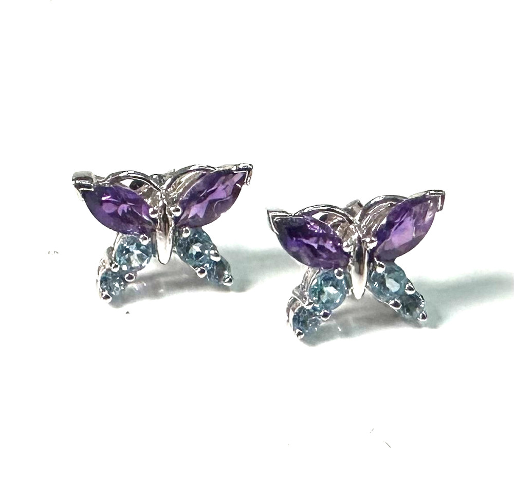 14K WHITE GOLD Stamped LAU Vtg Purple & Blue Butterfly Stud Earrings Backs 585