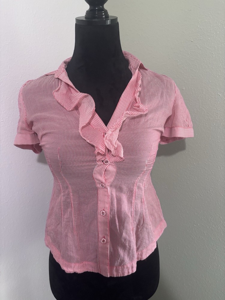 Banana Republic XS Redish & White Striped Silk Cotton Puff Sleeve Ruffle Blouse