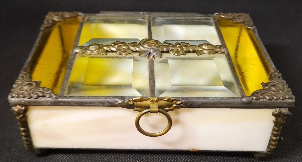 Vintage Cut, Stained Glass Trinket Box, Jewelry Display Case Mirror Ornate