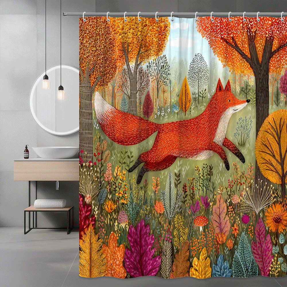 Fox in Autumn Forest Shower Curtain, Fall Leaves and Trees