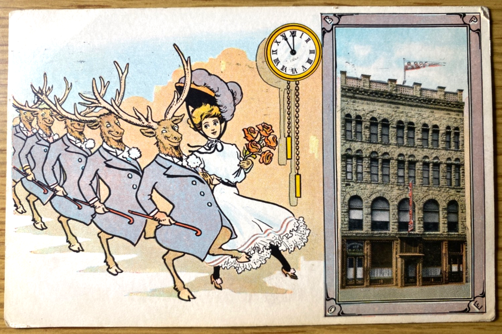 1908 B.P.O.E. ELKS antique cartoon postcard DANCING ELKS and WOMAN at 11 O'CLOCK