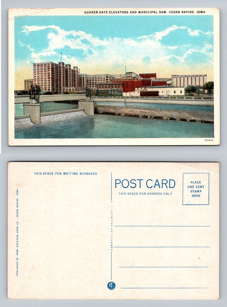 Cedar Rapids, IA-Iowa, Quaker Oats Elevators Dam River View Vintage Postcard