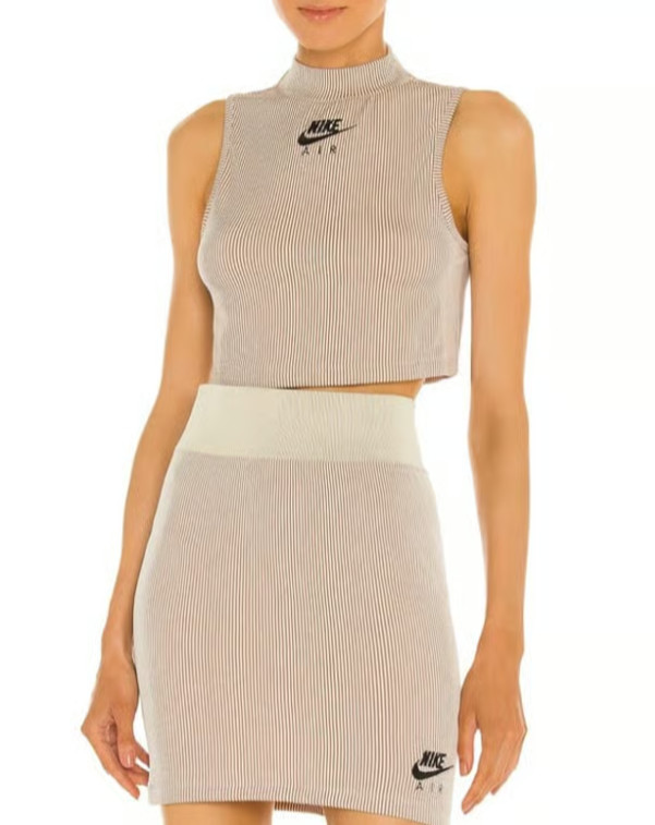 Nike Air Sportswear Crop Top Skirt Women XL Beige Tan Stretch Ribbed 2 Piece Set