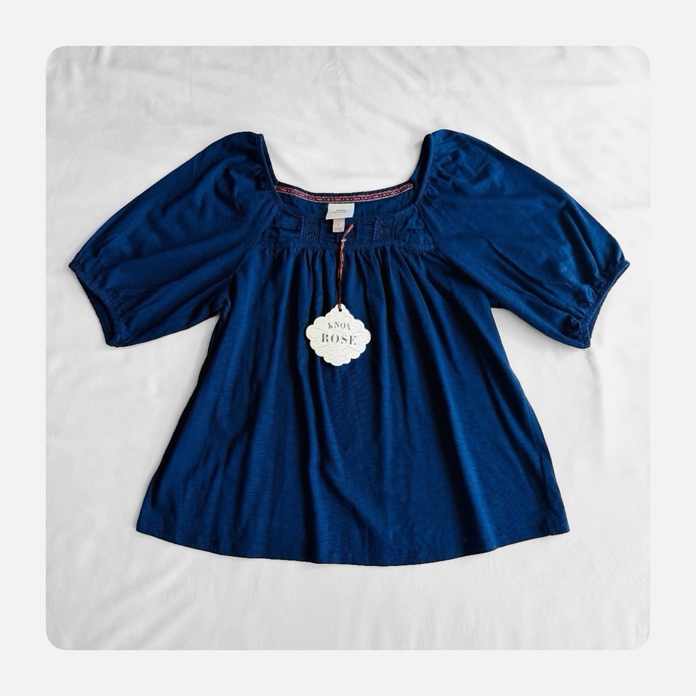Knox Rose NWT Peasant Crochet Detail Puff Sleeve Boho Casual Femme Top - Blue S