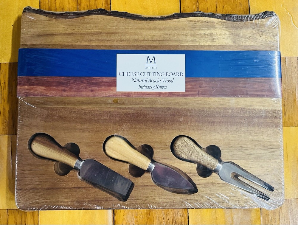 Acacia Wood Cheese Board Set with Knives 13x10 Rough Edge by Medici Sealed-image
