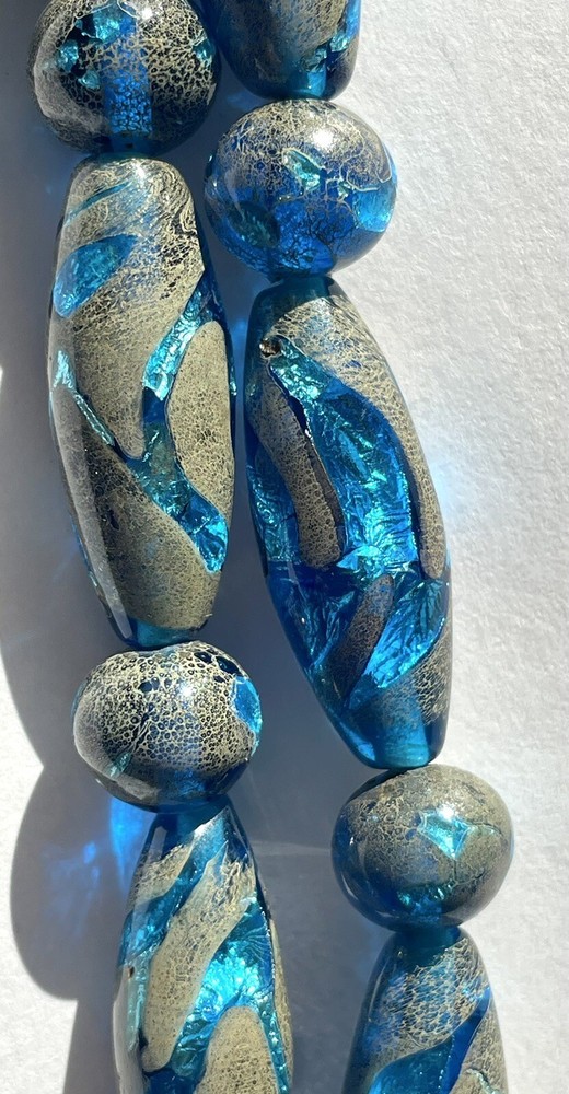 Vtg Venetian Murano Foil Blue Glass Bead Necklace