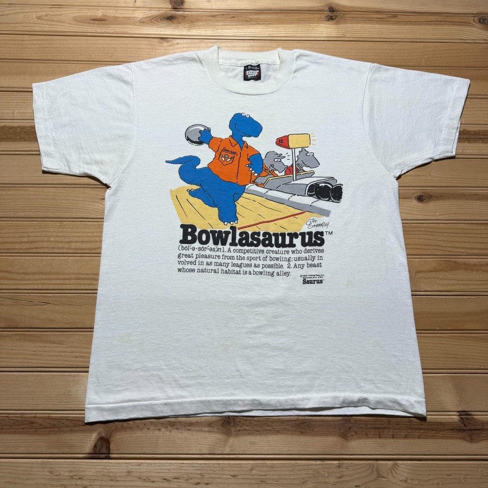 Vintage 1986 Bowlasaurus Definition Bowling Dinosaur Cartoon T-Shirt USA - Large