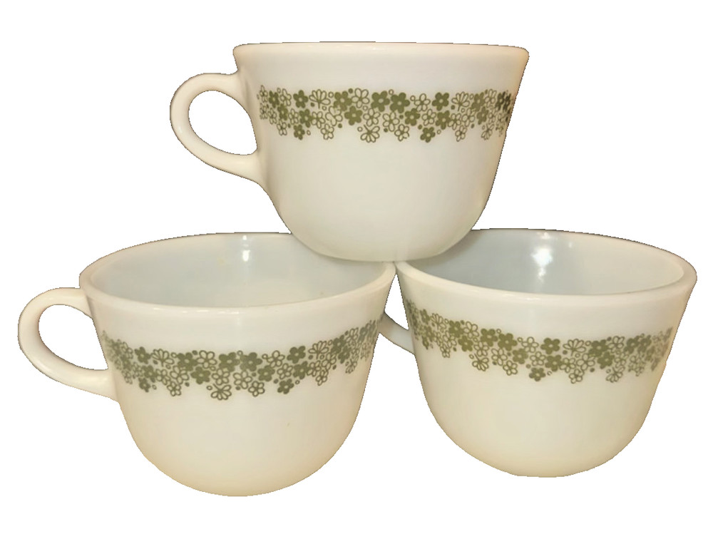 Pyrex Milk Glass Coffee Mugs Tea Cups Crazy Daisy Spring Blossom Green Set Of 3
