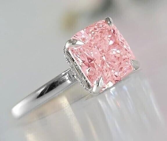 Cushion Cut Simulated Pink Sapphire Stunning Band Ring In  14k White Gold Plated