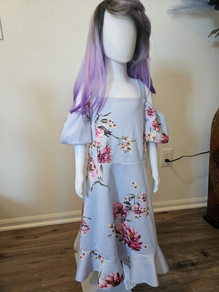Knit Works Girls Floral A-Line Long Dress Off Shoulder Light Blue Pink Size 14 …