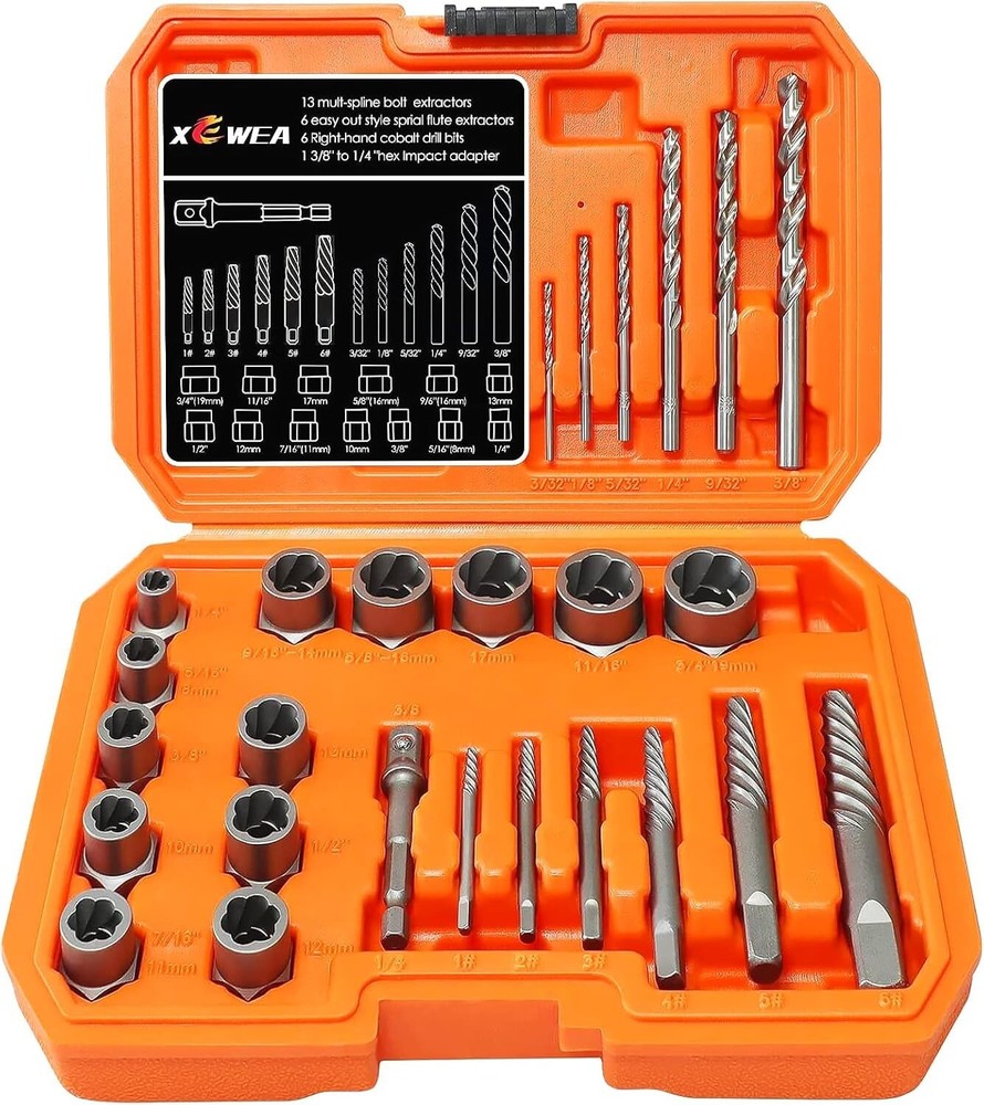 XEWEA Screw Bolt Extractor Set with Right Drill Bit Kit for Easy Broken Fastener Removal