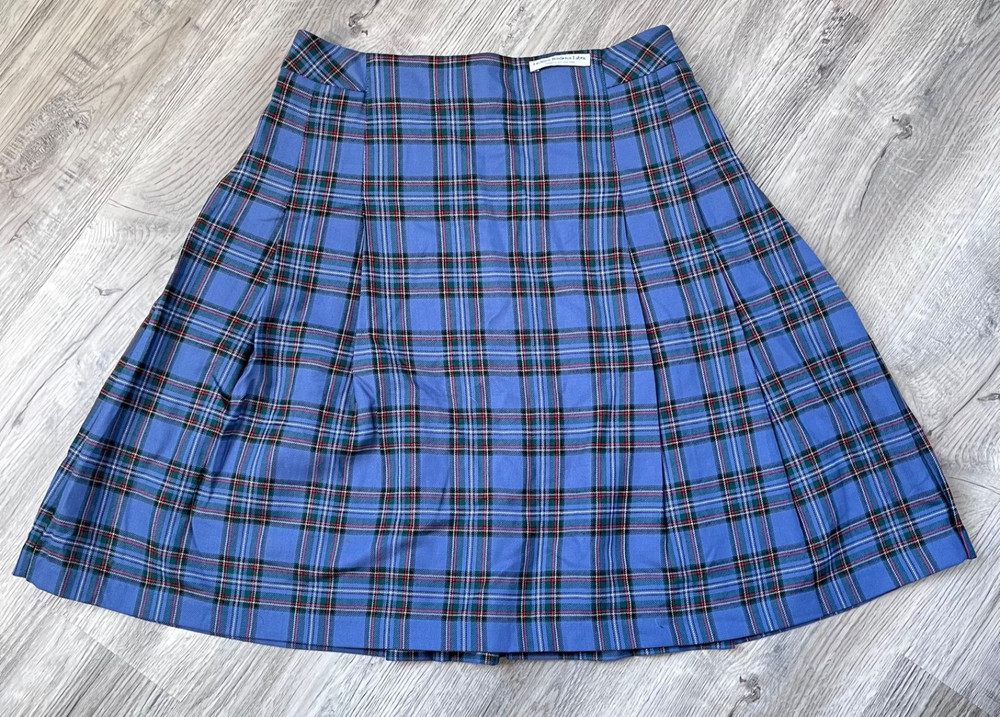 Vintage 60s Pendleton 100% Virgin Wool Blue Plaid Pleated Skirt Women's Size 12