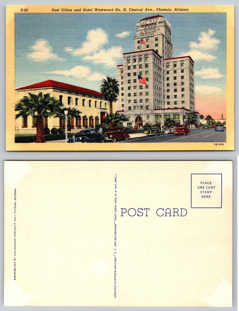 Phoenix AZ Post Office Hotel Westward Ho N Central Ave Vintage Postcard